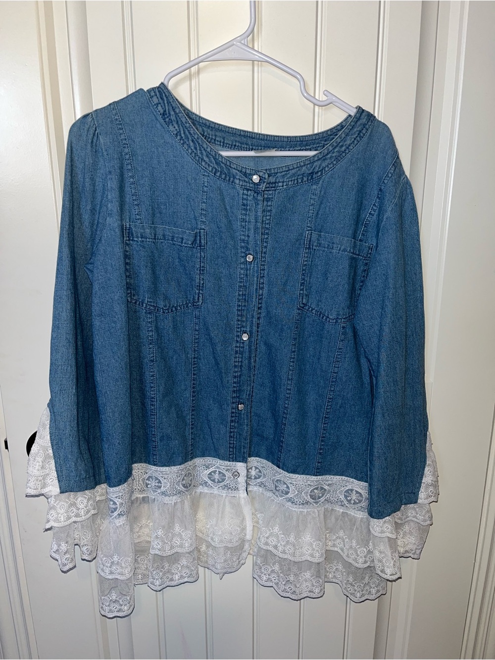 Denim Button-Front Top with White Lace Hem